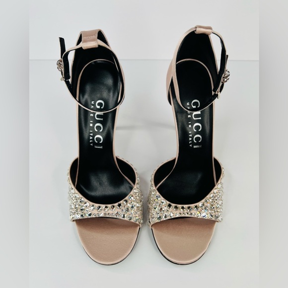 Gucci Crystal Embellished Skin Rose Satin Heel Ankle Strap Bridal Sandals EU 40 - Picture 5 of 10